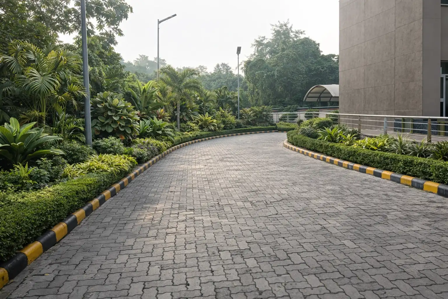 Illustration of institutional landscaping with hedge-lined paver driveway