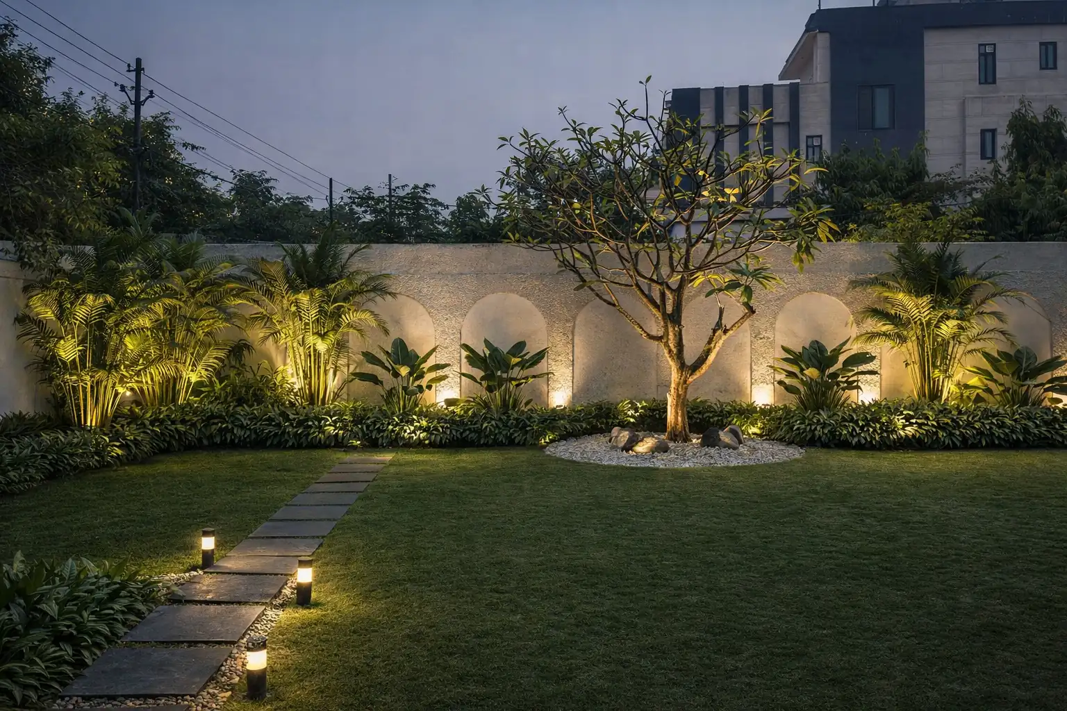 Illustration of landscape design with lit stepping stones, palms and lawn at dusk