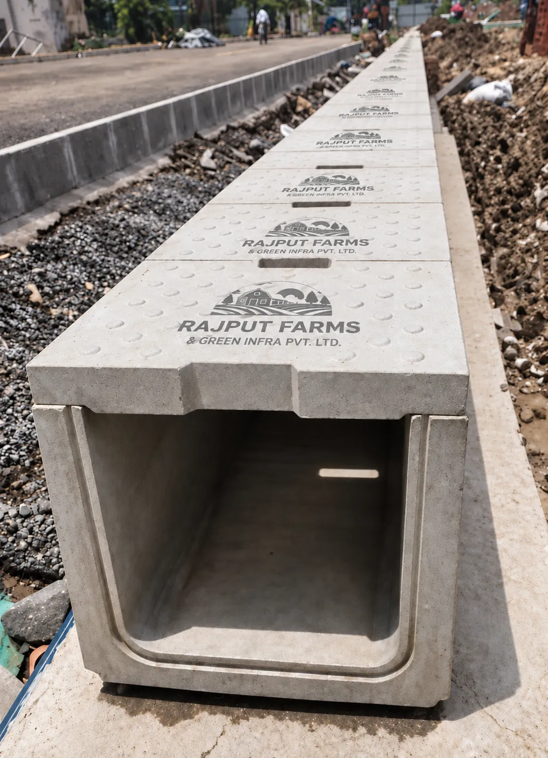 Illustration of precast RCC drain sections installed along a highway