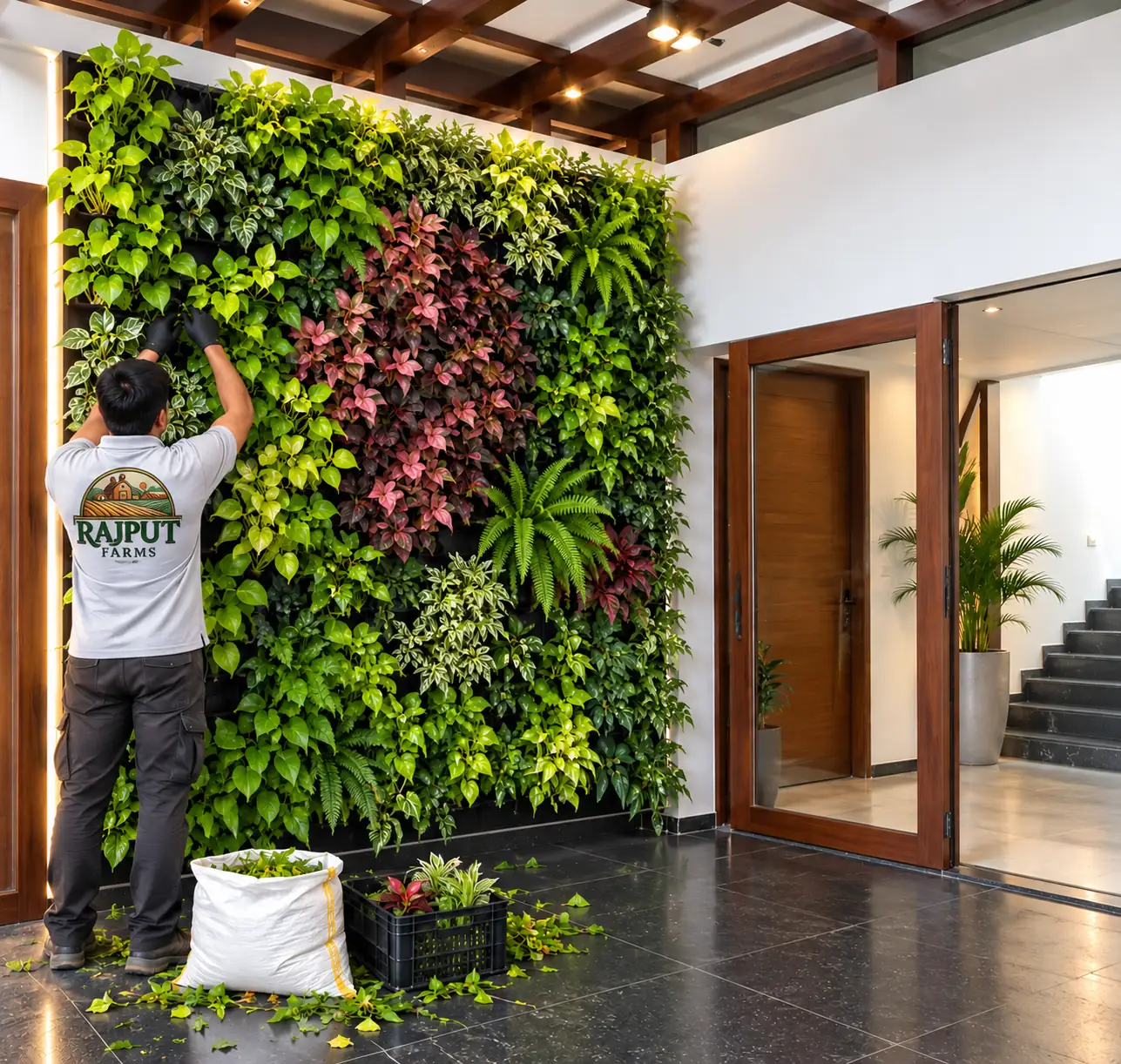 Illustration of vertical garden installation by a gardener in a building foyer