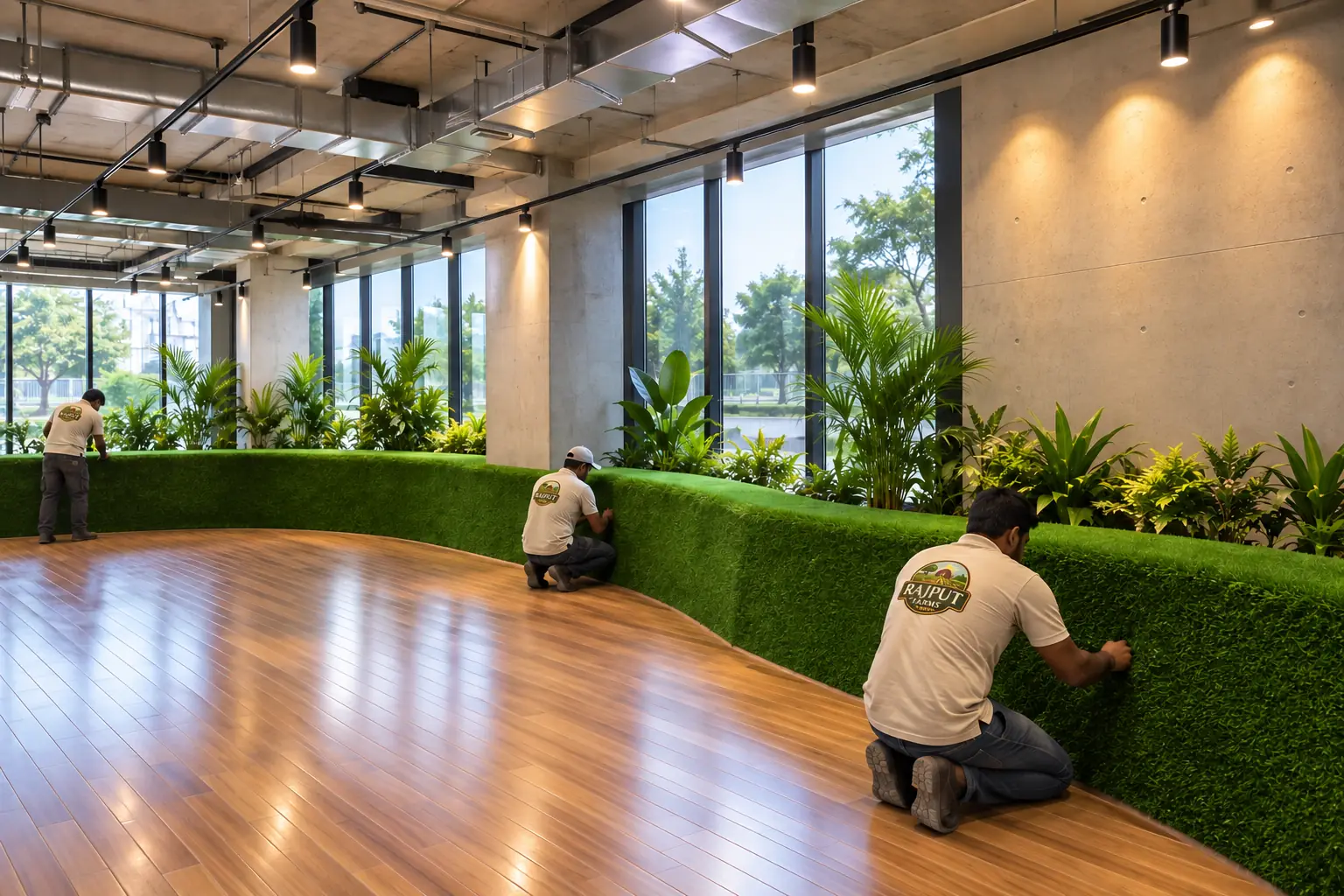 Illustration of workers installing a green partition in a biophilic office