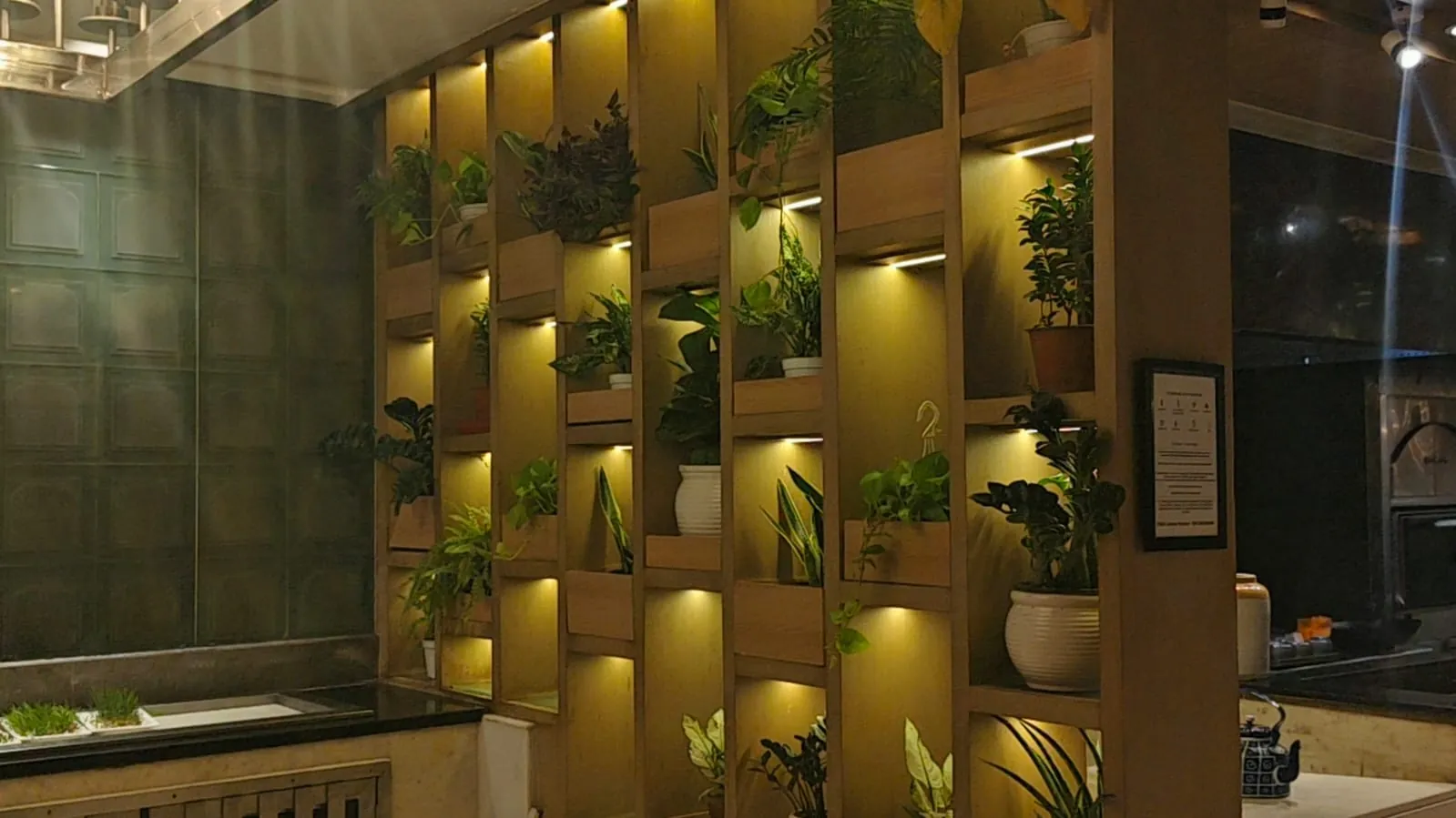 Indoor plant partition beside restaurant kitchen counter with microgreen trays