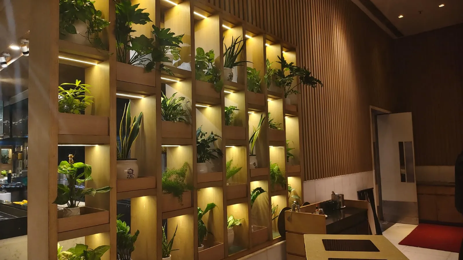 Long wooden plant partition wall in hotel restaurant interior in Agra
