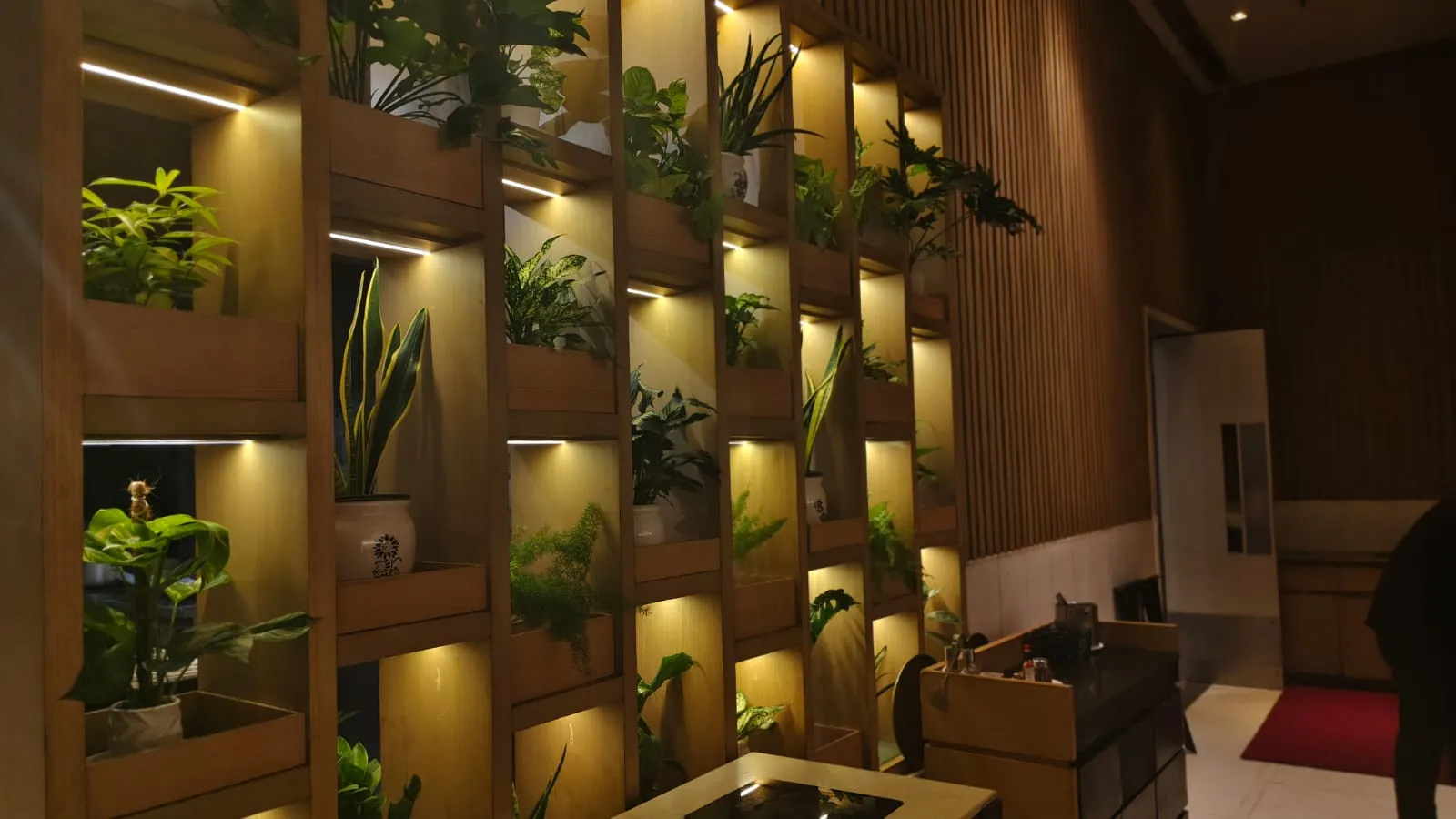 Wooden cubby partition with indoor plants in hotel dining area